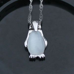 Silver Penguin Pendant Necklace with White Stone